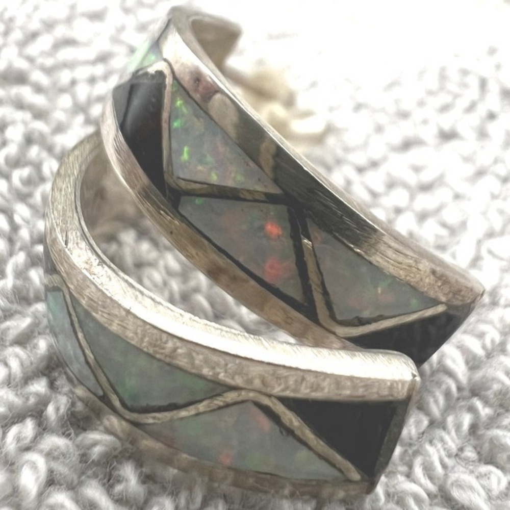 Vintage Sterling Silver Hoop Post Earrings Opal Onyx Inlaid Geometric 1" 3.6g